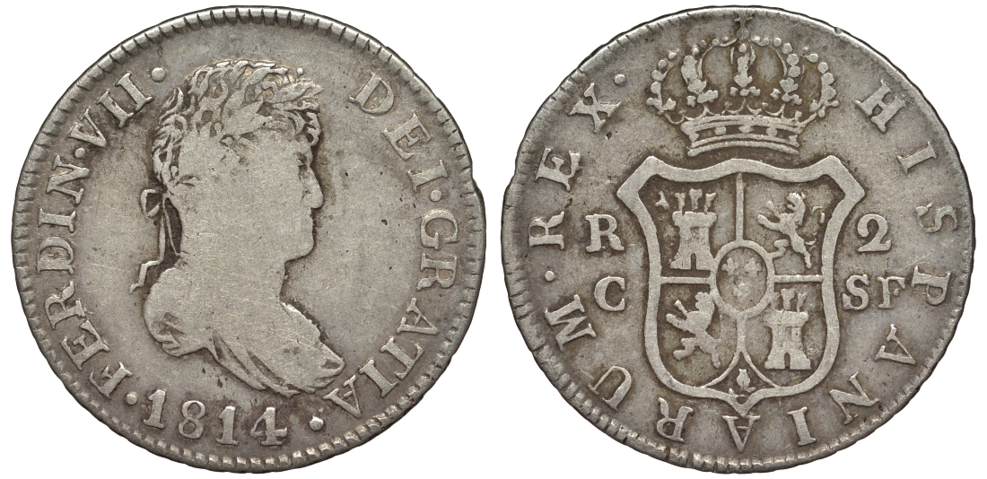 Испания 2 реала 1814 SF, ФЕРДИНАНД VII KM 464 (C134.1) серебро 00-00