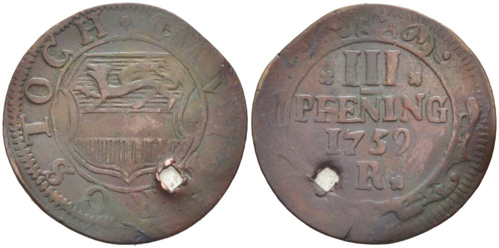 МЕКЛЕНБУРГ-РОСТОК 3 ПФЕННИНГА 1759 R, С ОТВЕРСТИЕМ Kunzel 316 A/a медь 4548-925