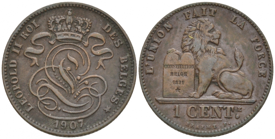 БЕЛЬГИЯ 1 САНТИМ 1907 BELGES KM 33.1 медь 44-128
