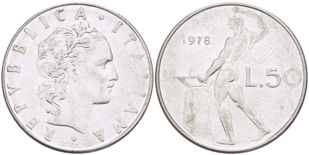 ИТАЛИЯ 50 ЛИР 1978 R, КУЗНЕЦ, ВУЛКАН БОГ ОГНЯ, ДИАМЕТР 25 ММ. KM 95.1 нержавеющая сталь 110-755