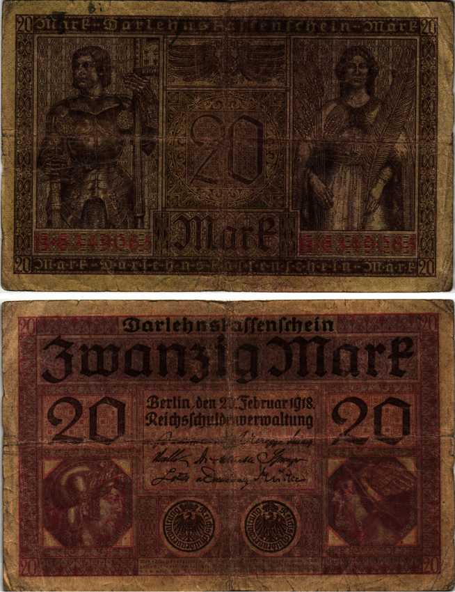 ГЕРМАНИЯ 20 МАРОК 1918 20 ФЕВРАЛЯ 1918, СЕРИЯ B, КРАСНАЯ, МИНЕРВА И МЕРКУРИЙ Pick 57, Rosenberg 55 бумага 7183-61-2-2