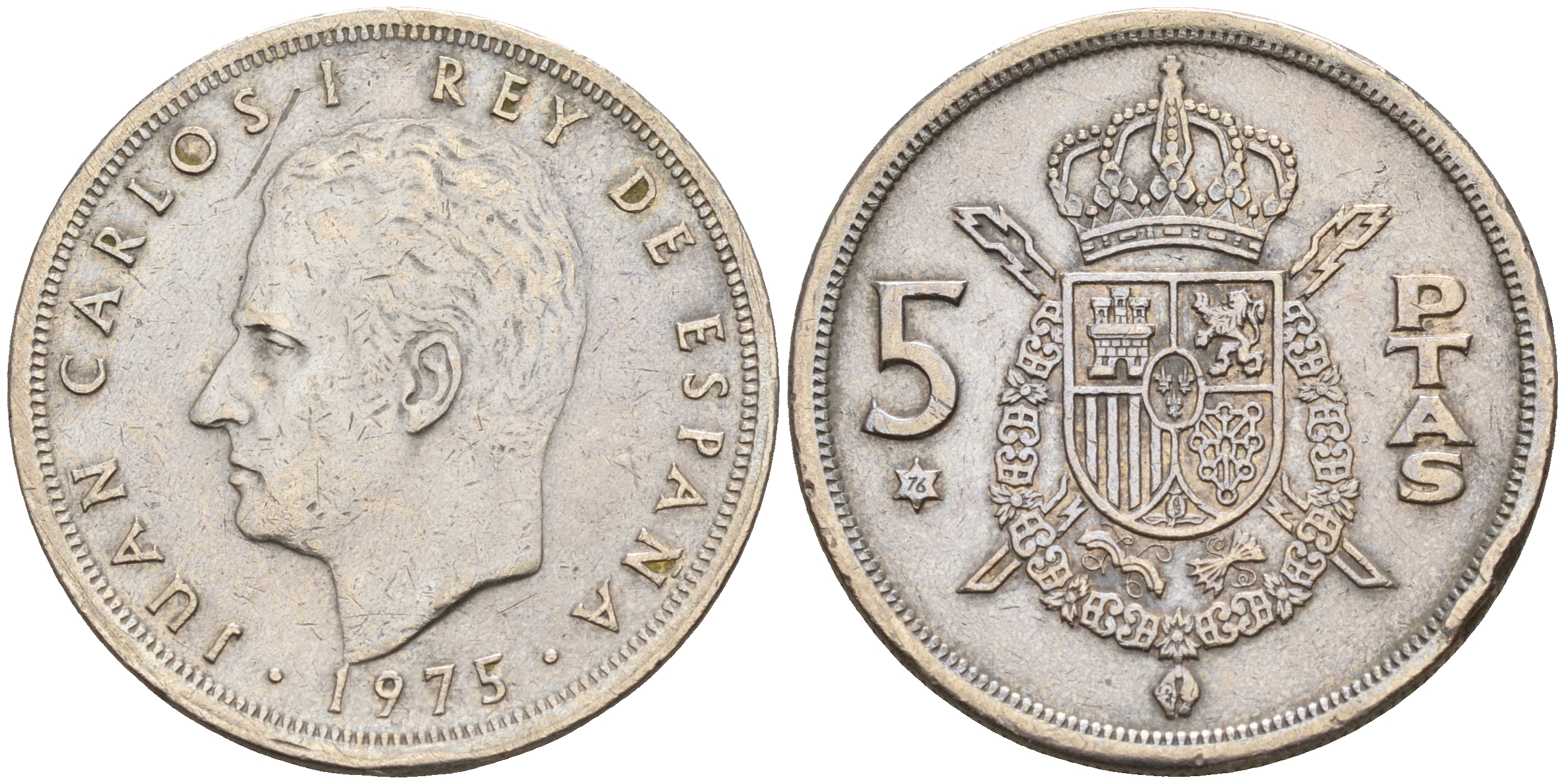 Испания 5 песет 1975 (76) Хуан Карлос I (1975-2014) KM 807 медно-никель    4143-225