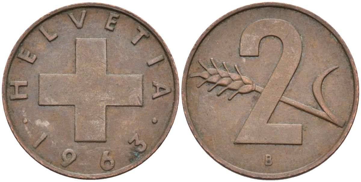 Швейцария 2 раппена 1963 В KM 47 бронза 4591-1245