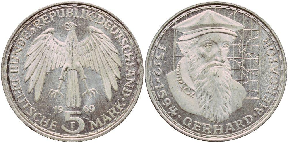 ФРГ 5 марок 1969 F, 375 лет со дня смерти Герарда Меркатора J. 400, KM 126.1 серебро aUNC 1529-231
