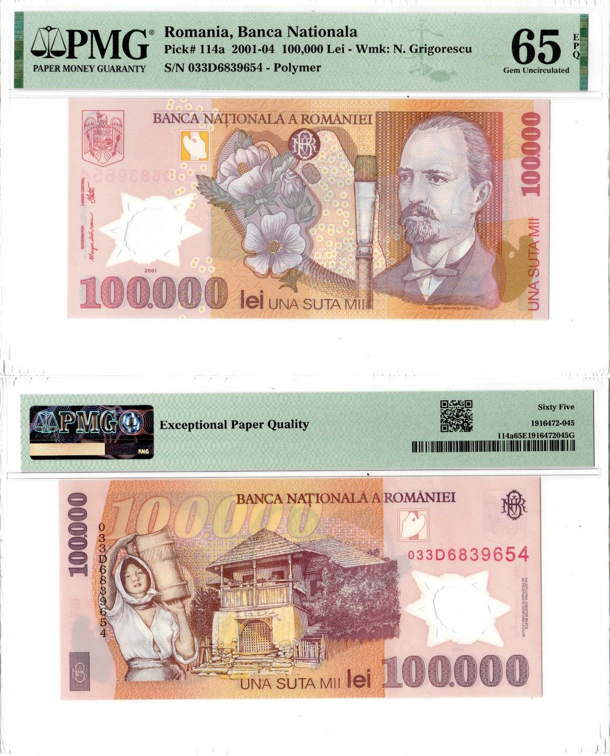 Румыния 100000 леев 2001 Николае Григореску, цветы мальвы, крестьянка, Румынский "Кулэ" в Олтении. В слабе PMG 65 gem uncirculated Pick 114 a пластик UNC (пресс) 452-2-121