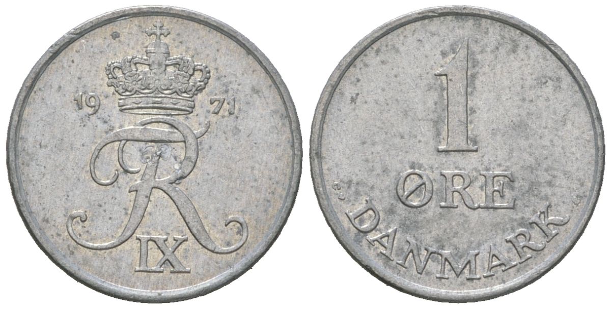 Дания 1 эре 1971 C; S, Фредерик IX (1947-1972) KM 839.2 цинк 4617-1053