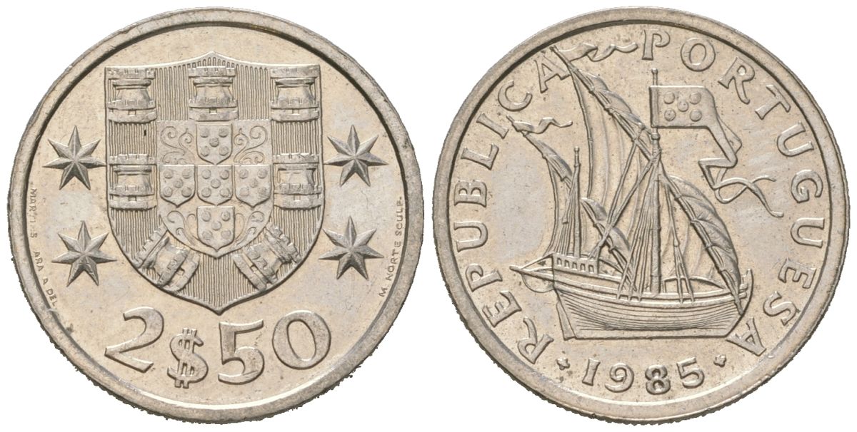 Португалия 2,5 эскудо 1985 парусник KM 590 медно-никель UNC 4618-452
