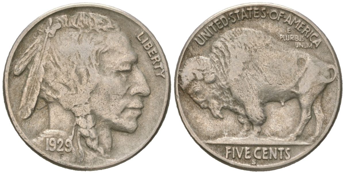 США 5 центов 1929 S, индеец, бизон KM 134 медно-никель 4614-1138