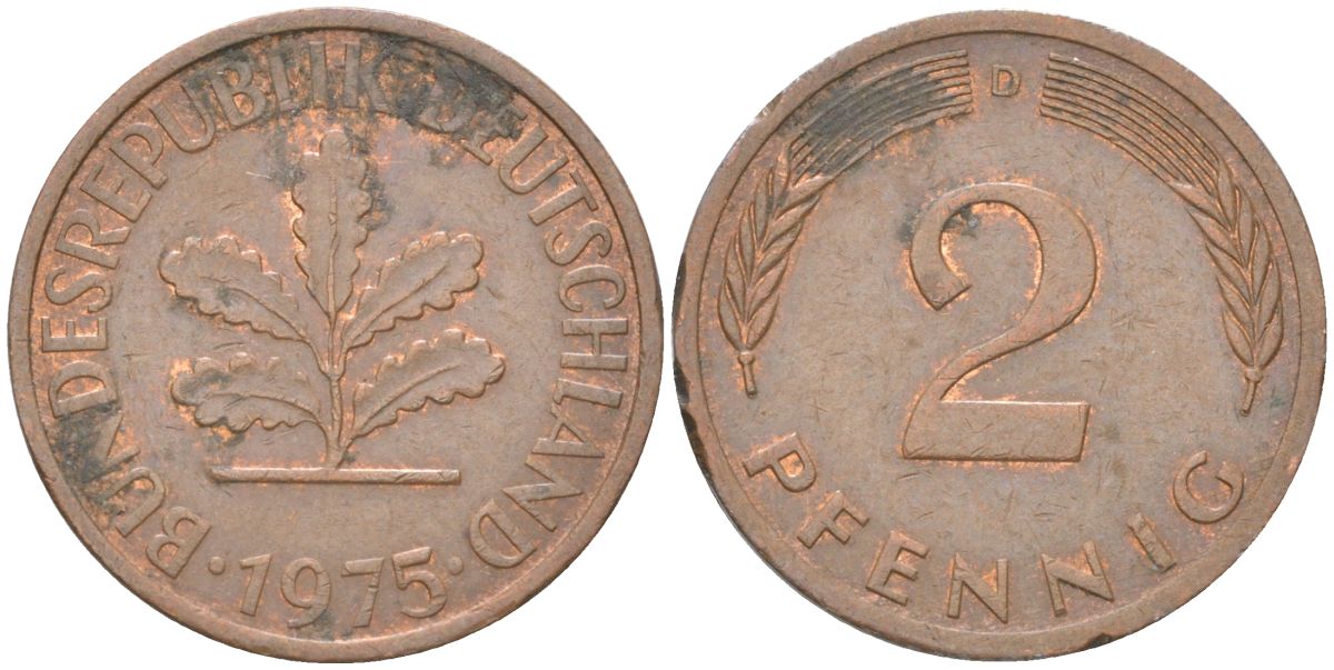 ФРГ 2 пфеннига 1975 D KM 106a сталь плакированная медью 4613-1219