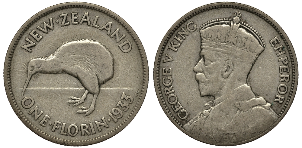 Новая Зеландия 1 флорин 1933 Георг V (1910-1936), птичка киви KM 4 серебро 272-1134