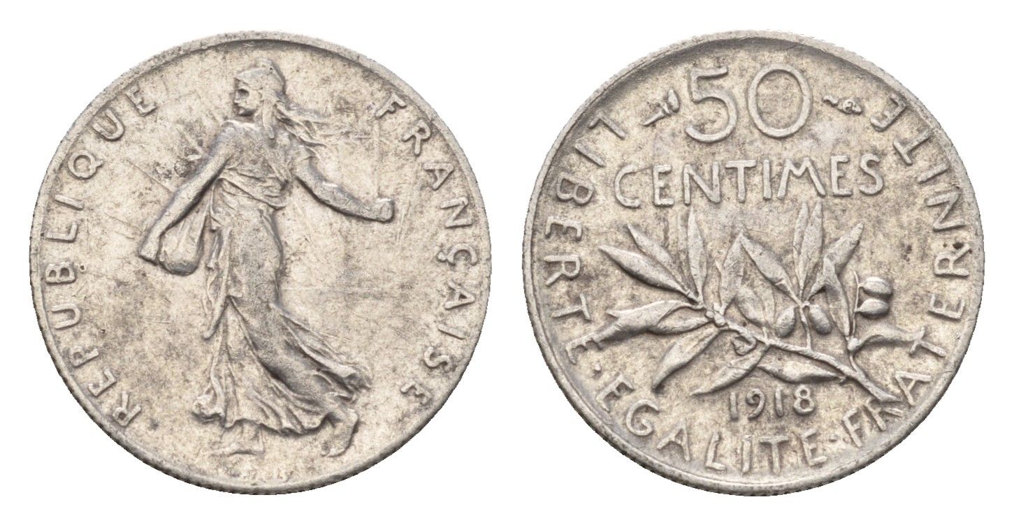 Франция 50 сантимов 1918 KM 854 серебро 4169-1229