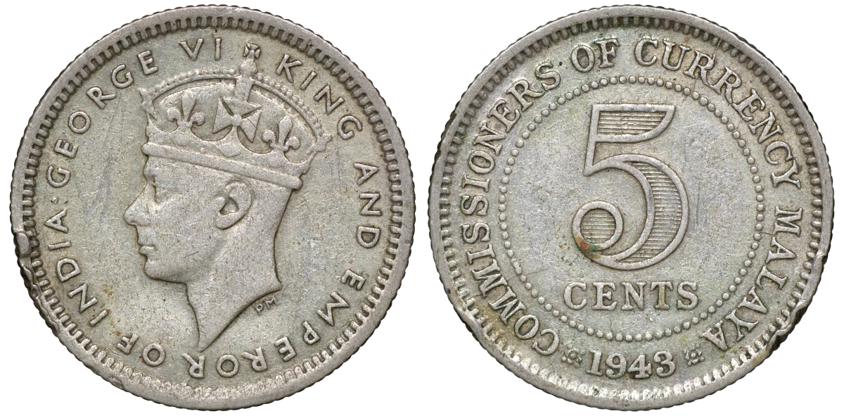 Британская Малайя 5 центов 1943 Георг VI (1937-1952) KM 3a серебро 53-131