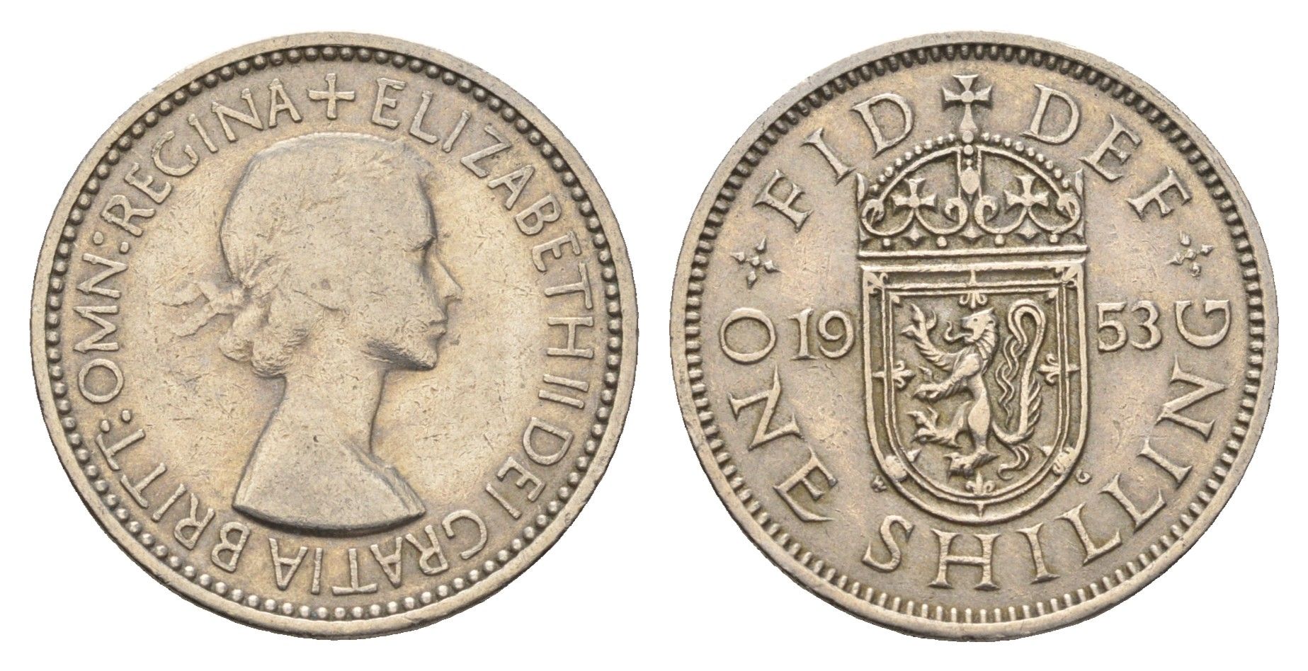Великобритания 1 шиллинг 1953 год-тип, Елизавета II (1952-2022), Шотландский герб KM 891, Spink 4140 медно-никель 4699-452