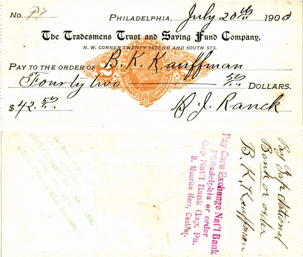 США чек на 42,50 долларов 1900 Филадельфия бумага 3295-59-2-2
