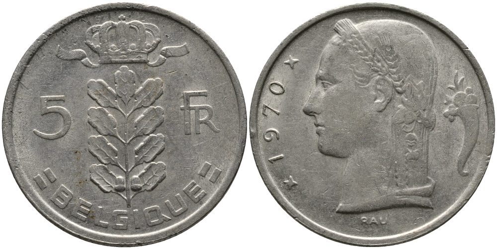 БЕЛЬГИЯ 5 ФРАНКОВ 1970 BELGIQUE KM 134.1 медно-никель 98-642