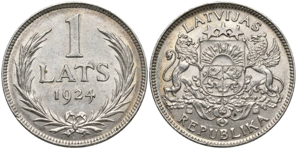Латвия 1 лат 1924 Первая республика (1918-1939) KM 7 серебро 27-1234