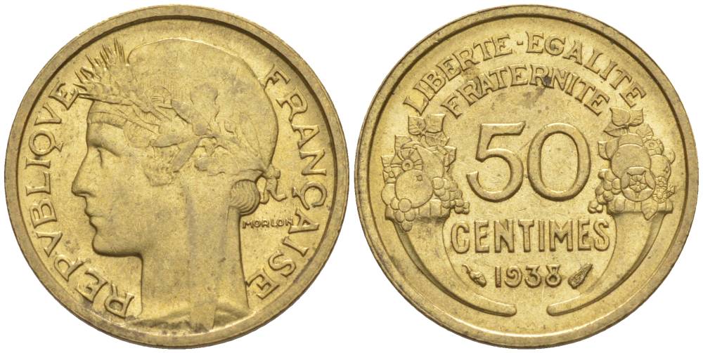 ФРАНЦИЯ 50 САНТИМОВ 1938 ТИП MORLON KM 894.1, LE FRANC 192.14 алюминиевая бронза 44-747