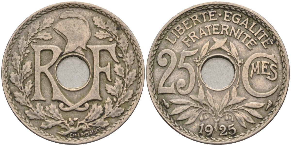 Франция 25 сантимов 1925 тип Lindauer KM 867а, Le Franc 171.9 медно-никель 4584-426