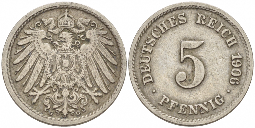 ГЕРМАНИЯ 5 ПФЕННИГОВ 1906 G, KM 11, J. 12 медно-никель 3955-645