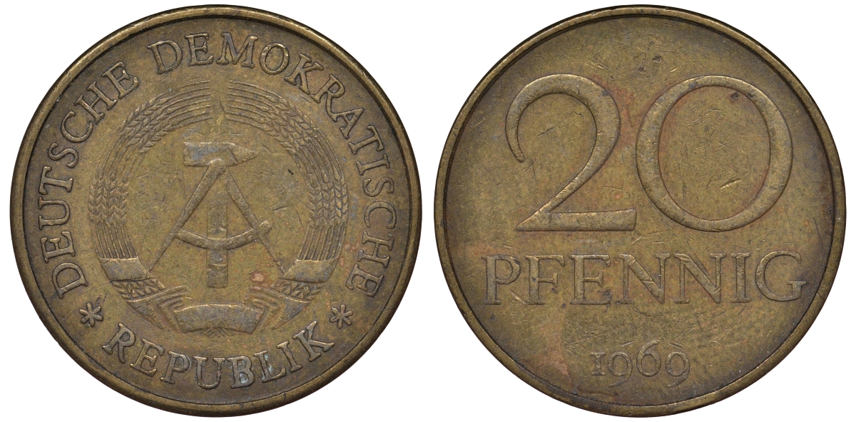 ГДР 20 пфеннигов 1969 А, первый год KM 11 латунь 62-1221