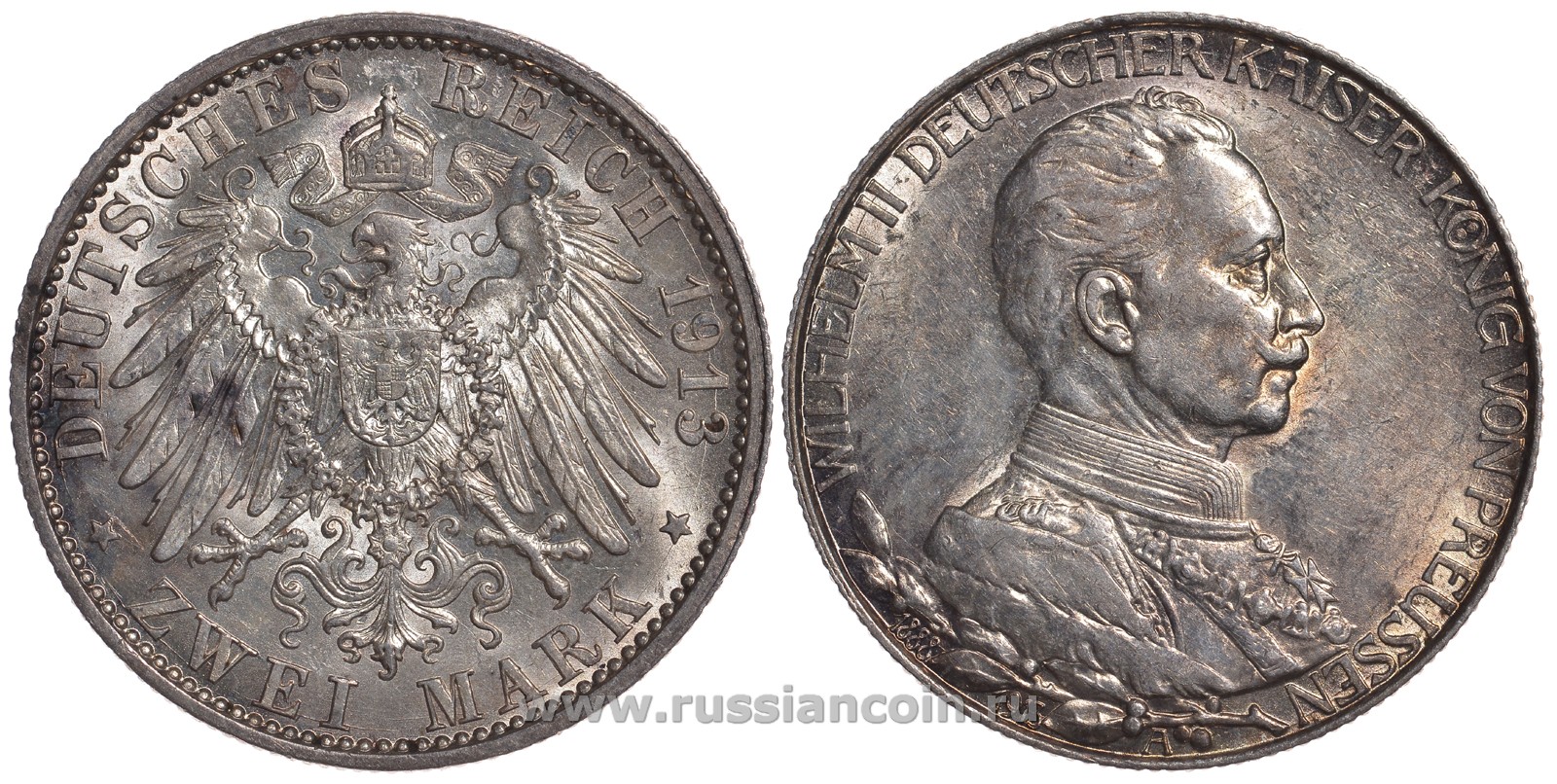 Пруссия 2 марки 1913 A, Вильгельм II (1888-1918), 25 лет правления (мундир) Weege 111, J. 111, KM 533 серебро 11-230-27