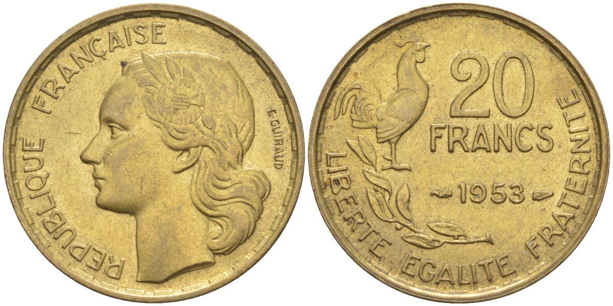 Франция 20 франков 1953 петух, 4 ПЕРА KM 917.1, Le Frank 402.11 алюминиевая бронза 4519-733