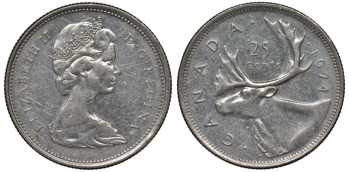 Канада 25 центов 1974 олень карибу, Елизавета II (1952-) KM 62b никель 4128-644