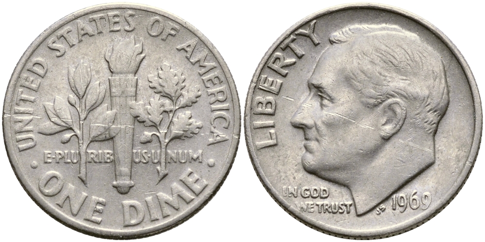 США 10 ЦЕНТОВ = 1 ДАЙМ 1969 РУЗВЕЛЬТ KM 195а медь плакированная медно-никелем 51-5254