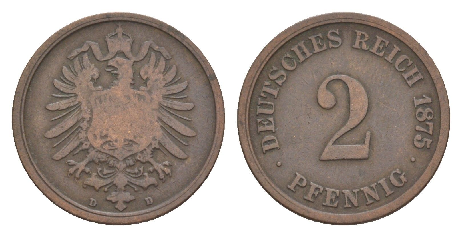 Германия 2 пфеннига 1875 D, Вильгельм I (1871-1888) KM 2, J. 2, Weege 3 медь 4639-1163