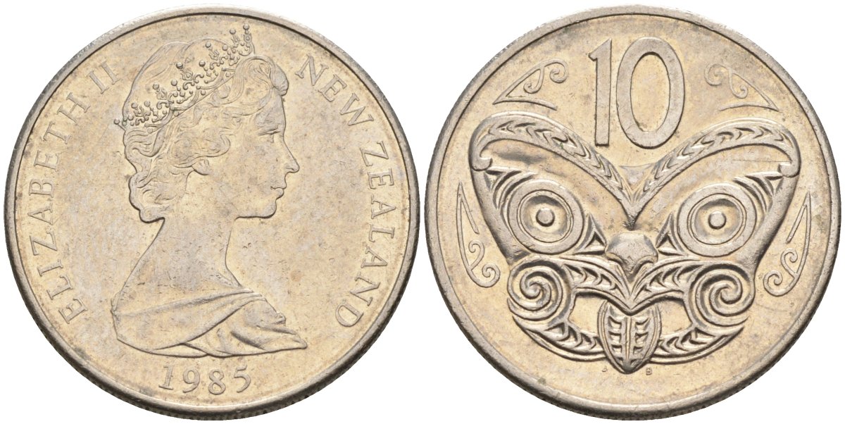 Новая Зеландия 10 центов 1985 Елизавета II (1952-2022), маска маори KM 41.1 медно-никель 4126-1232