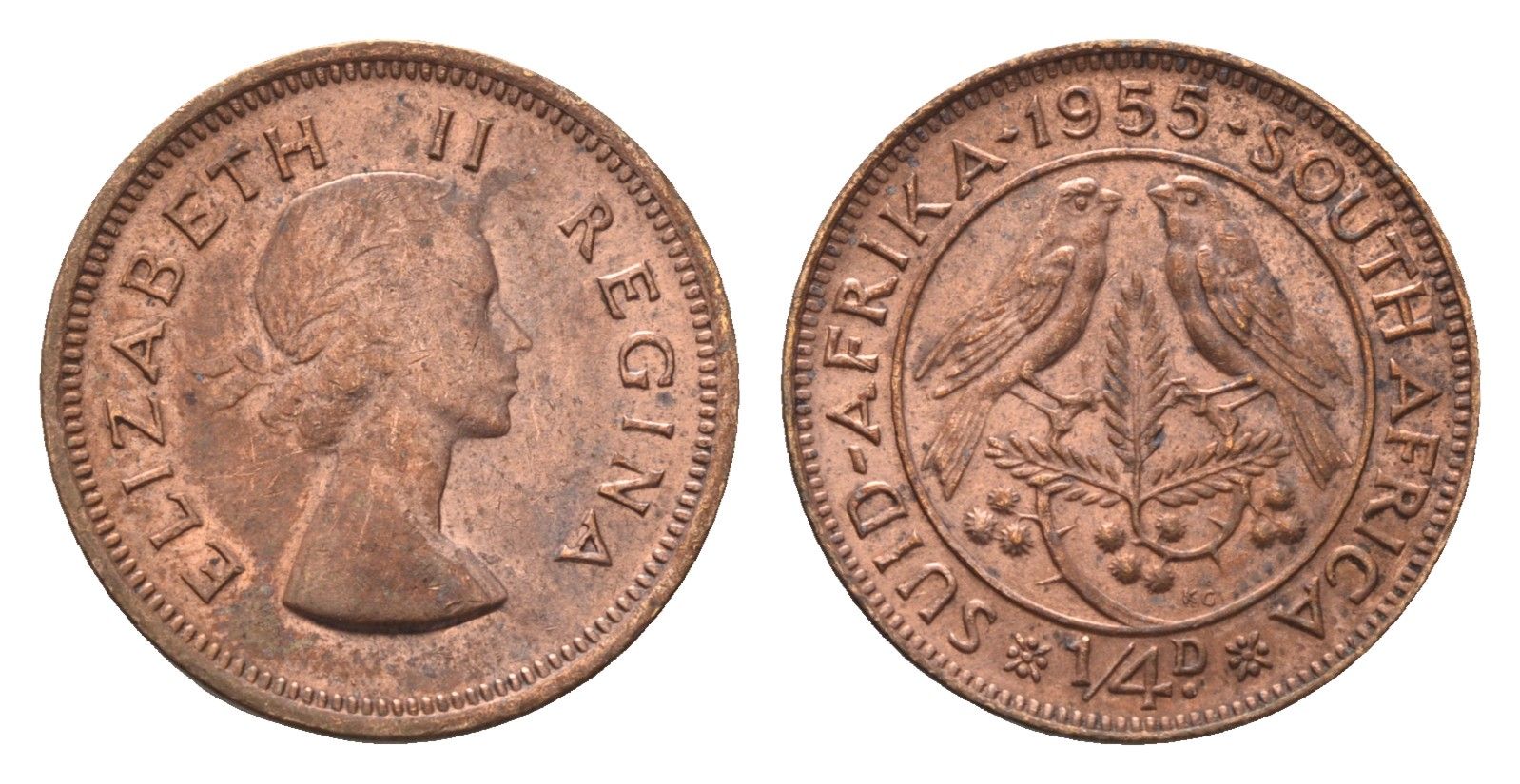 ЮАР 1/4 пенни (фартинг) 1955 Елизавета II (1952-2022) KM 44 бронза UNC 4690-924