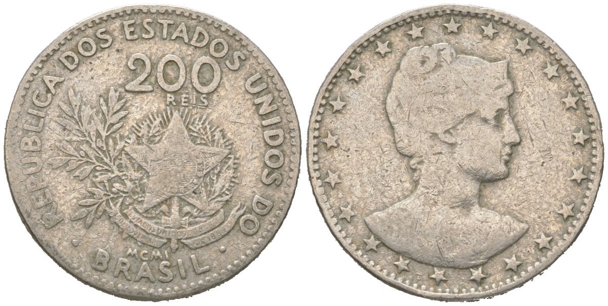 Бразилия 200 реалов 1901 MCMI, голова свободы вправо KM 504 медно-никель 4612-217