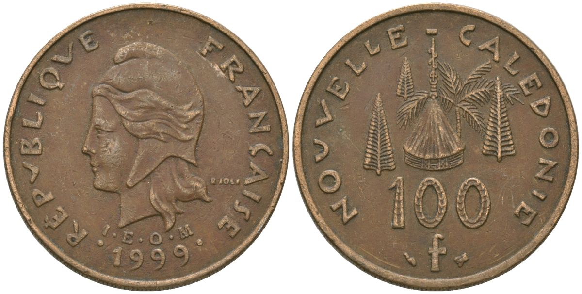 Французская Новая Каледония 100 франков 1999 хижина среди сосен и пальм, (IEOM) KM 15, Schoen 16, Lec 139c никель бронза 88-1233
