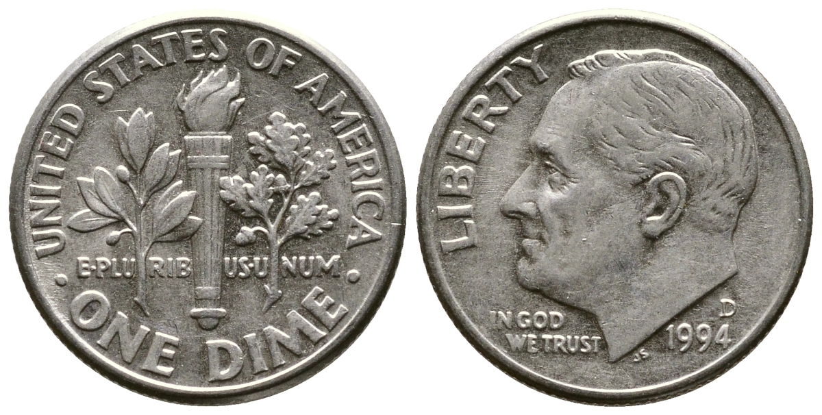 США 10 ЦЕНТОВ = 1 ДАЙМ 1994 D, РУЗВЕЛЬТ KM 195а медь плакированная медно-никелем 57-1254