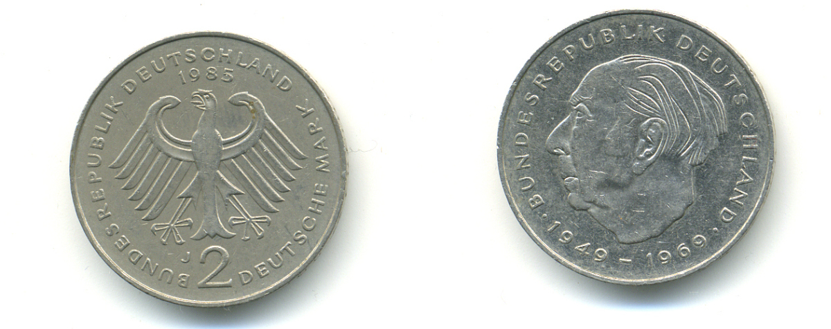 ФРГ 2 марки 1985 J, Теодор Хойс KM 127, J. 407 медно-никель плакированный никелем 83-1911