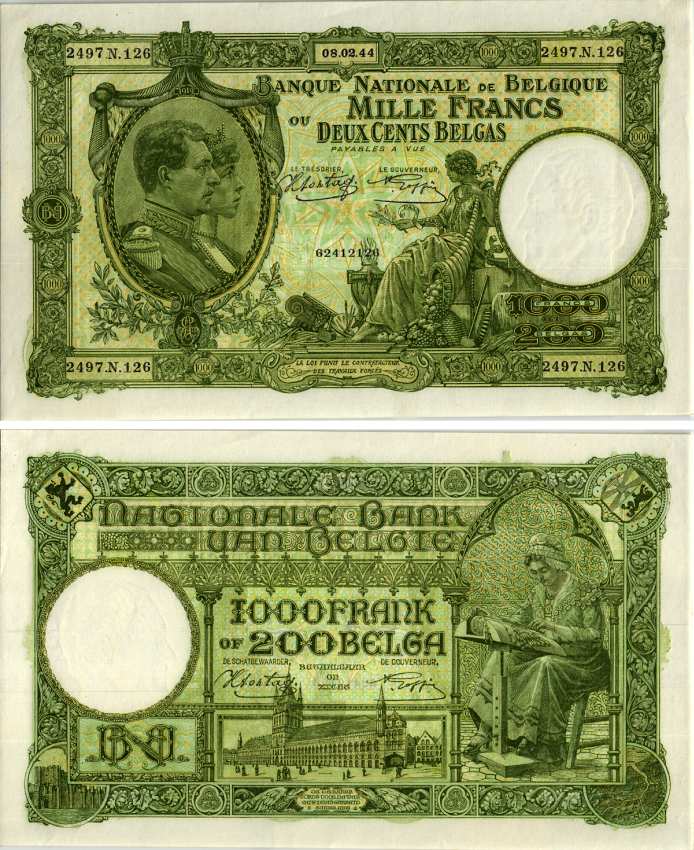 БЕЛЬГИЯ 1000 ФРАНКОВ = 200 БЕЛГА 1944 8 ФЕВРАЛЯ 1944, ПРТРЕТ КОРОЛЯ АЛЬБЕРТА И КОРОЛЕВЫ ЕЛИЗАВЕТЫ Pick 110 бумага XF-UNC 8607-89-1