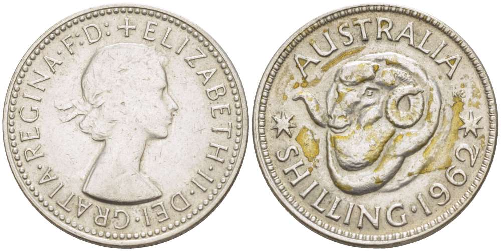 Австралия 1 шиллинг 1962 m, Елизавета II (1952-2022), овца меринос KM 59 серебро 4521-146
