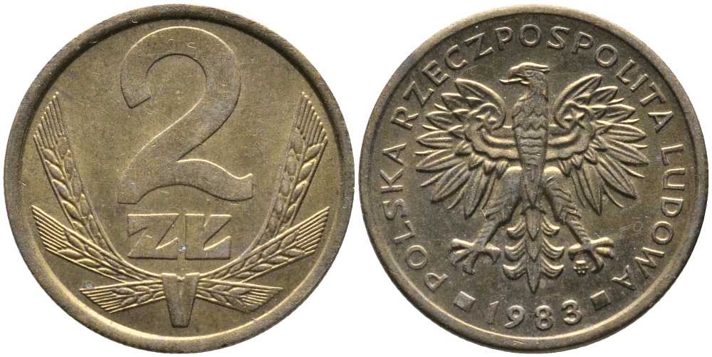 ПОЛЬША 2 ЗЛОТЫХ 1983 MW KM 80.1 латунь 110-556