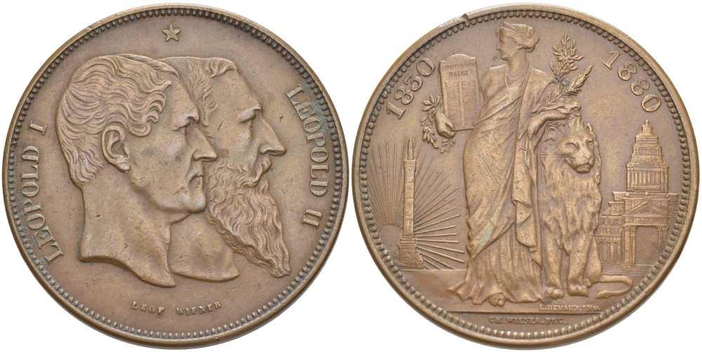 Бельгия 5 франков 1880 50 лет независимости (1830-1880) Леопольд I и Леопольд II, вес 24,98 гр. KM M9a медь 413-1845