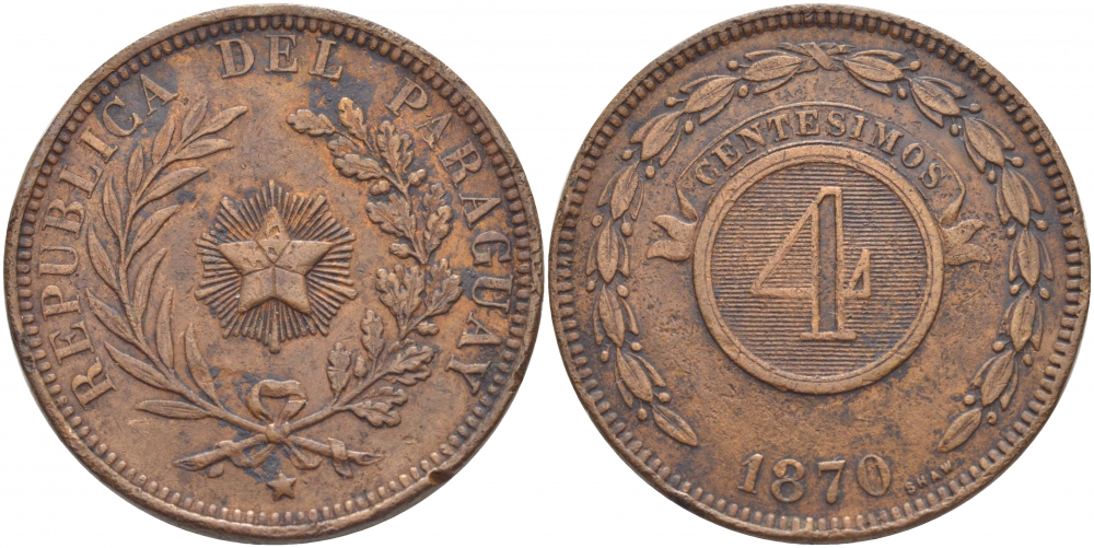 ПАРАГВАЙ 4 СЕНТЕСИМО 1870 KM 4.1 медь 413-1423