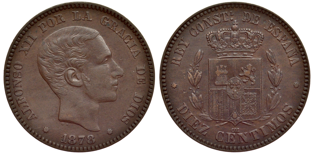 ИСПАНИЯ 10 СЕНТИМО 1878 ОМ, АЛЬФОНСО XII (1874-1885) KM 675 бронза 1521-242