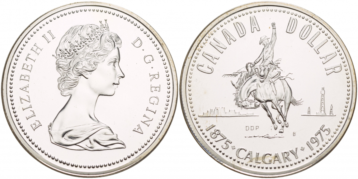 Канада 1 доллар 1975 100 лет Калгари (1875-1975), родео на лошадях, ковбой KM 97 серебро UNC 11-225-44