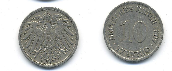 Германия 10 пфеннигов 1907 A KM 12, J. 13 медно-никель 58-255