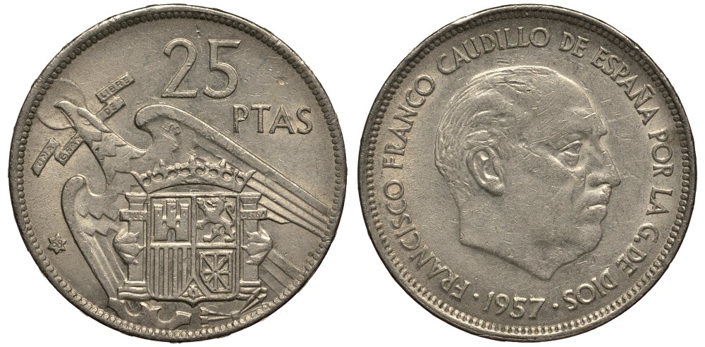 ИСПАНИЯ 25 ПЕСЕТ 1957 (68) ФРАНСИСКО ФРАНКО ДИКТАТОР ИСПАНИИ (1939-1975) KM 787 медно-никель VG 4185-542