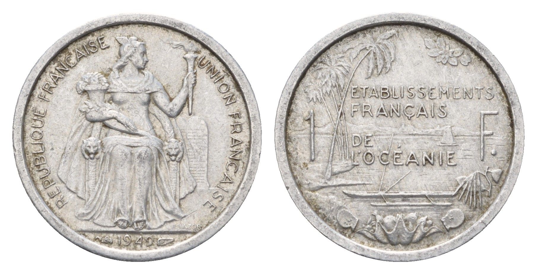 Французская Океания 1 франк 1949 год-тип KM 2 алюминий 87-1214