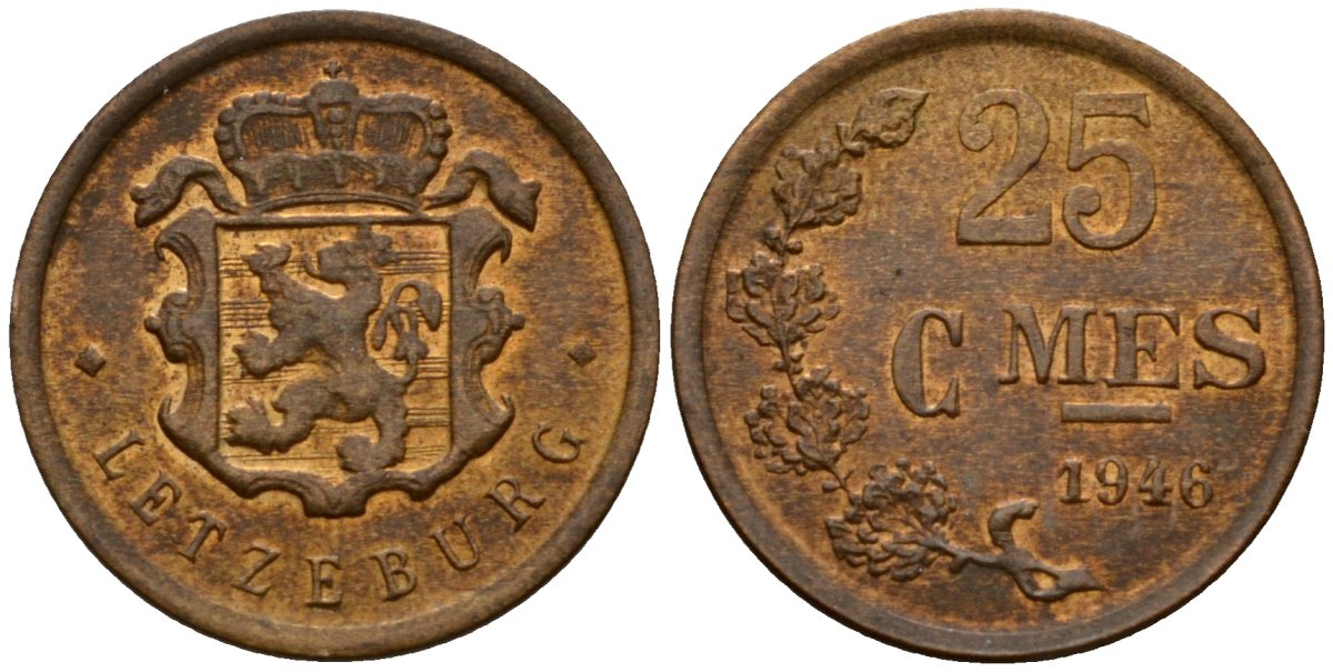 Люксембург 25 сантимов 1946 Шарлотта (1918-1964) KM 45 бронза 4532-434