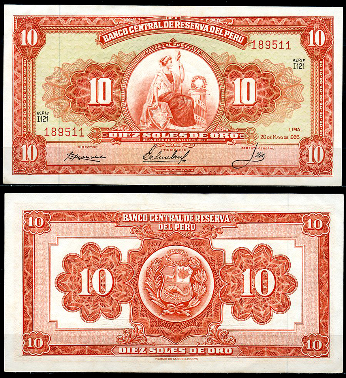 Перу 10 солей 1966 сидящая свобода, Thomas de la Rue Pick 84 a  бумага  аUNC 444-143-2-1