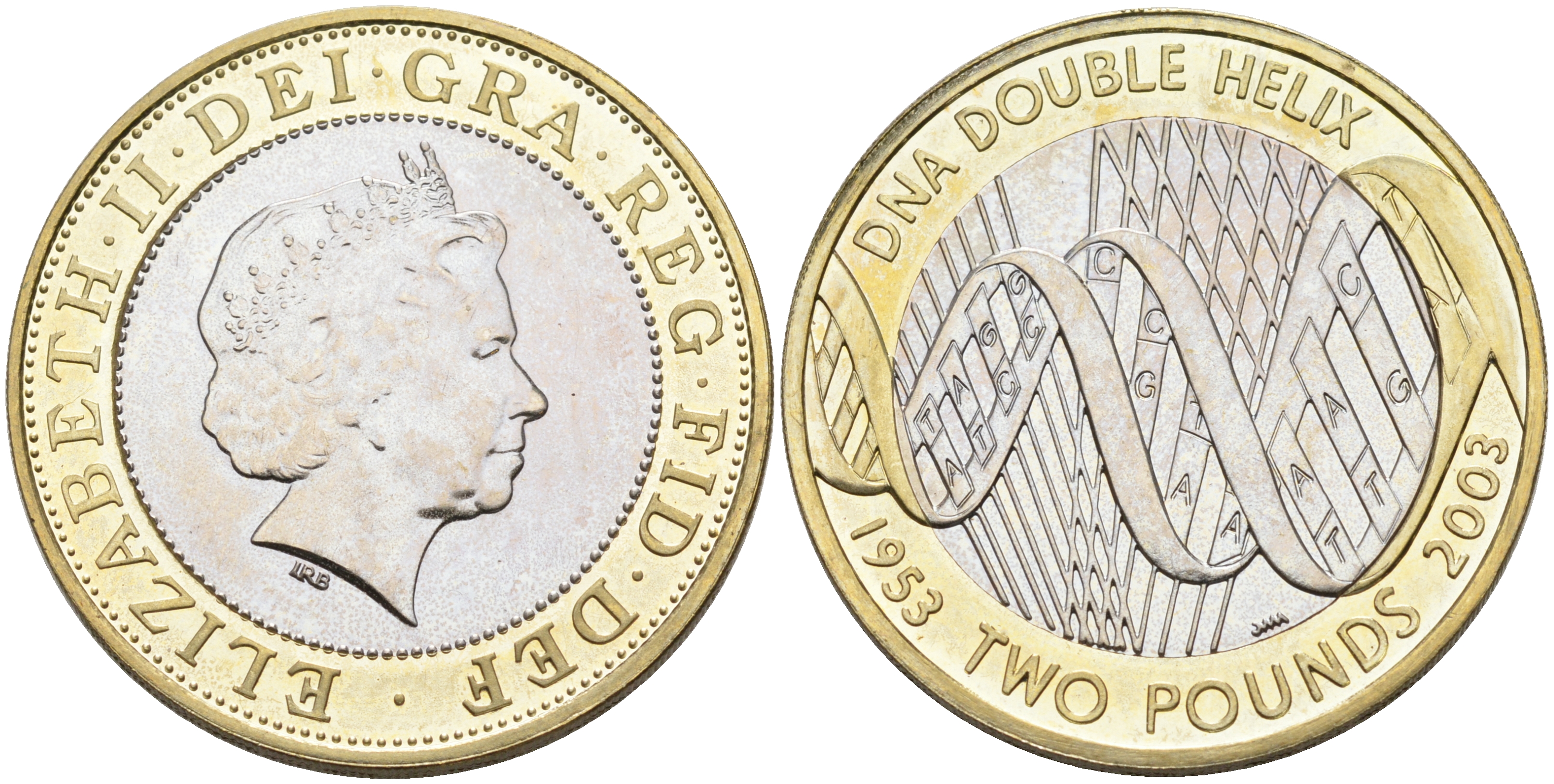 Великобритания 2 фунта 2003 Елизавета II (1952-2022), 50 лет открытию структуры ДНК KM 1037, Spink 4577 (K16) биметалл UNC 00-00