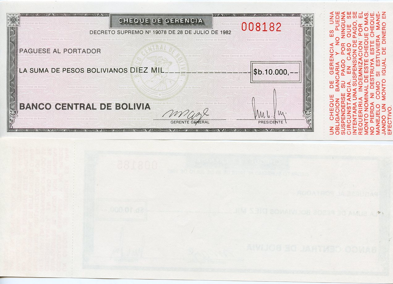 Боливия 10000 песо боливиано 1982 чрезвычайный выпуск, чек Pick 173 a  бумага  UNC (пресс) 444-58-1-1
