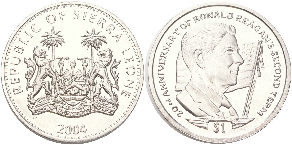 Сьерра-Леоне 1 доллар 2004 20 лет второму сроку Рональда Рейгана KM 300 медно-никель BU 4368-1135